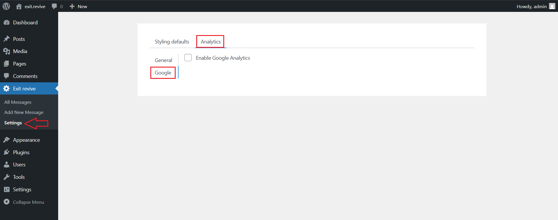 Connect to Google Analytics in Exit Revive